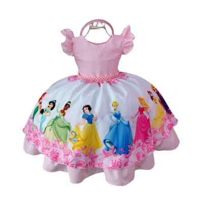 Vestido Infantil Princesas Rosa Aniversário Festa C/ Tiara