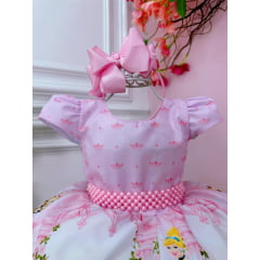 Vestido Infantil Princesas Rosa C/ Cinto de Pérolas Luxo
