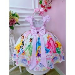 Vestido Infantil Princesas Rosa C/ Cinto de Pérolas Luxo