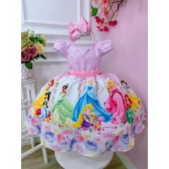 Vestido Infantil Princesas Rosa C/ Cinto de Pérolas Luxo