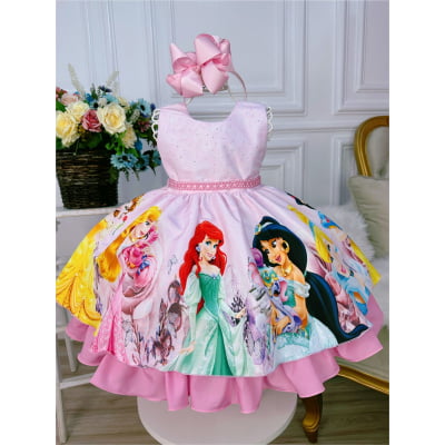 Vestido Infantil Princesas Rosa C/ Peito Strass Cinto Pérola