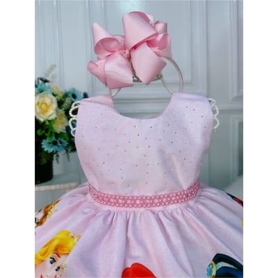 Vestido Infantil Princesas Rosa C/ Peito Strass Cinto Pérola