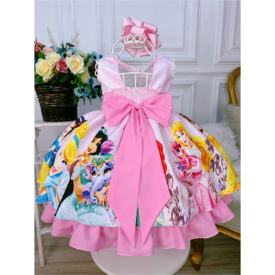 Vestido Infantil Princesas Rosa C/ Peito Strass Cinto Pérola