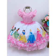 Vestido Infantil Princesas Rosa C/ Pérolas e Tiara Festas