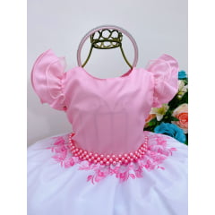 Vestido Infantil Princesas Rosa C/ Pérolas e Tiara Festas