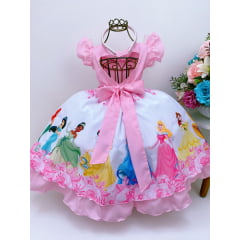 Vestido Infantil Princesas Rosa C/ Pérolas e Tiara Festas