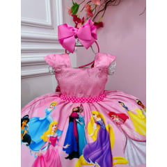 Vestido Infantil Princesas Rosa Cinto de Pérolas Luxo