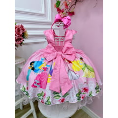 Vestido Infantil Princesas Rosa Cinto de Pérolas Luxo