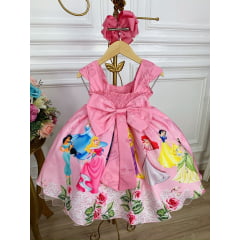 Vestido Infantil Princesas Rosa Cinto de Pérolas Luxo