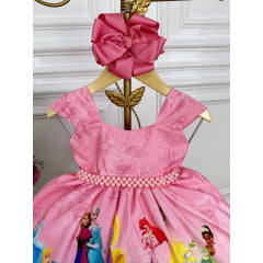 Vestido Infantil Princesas Rosa Cinto de Pérolas Luxo