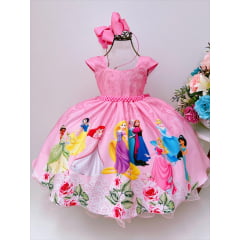 Vestido Infantil Princesas Rosa Cinto de Pérolas Luxo