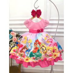 Vestido Infantil Princesas Rosa Com Cinto de Pérolas Luxo