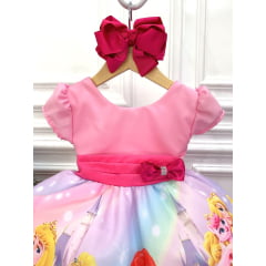 Vestido Infantil Princesas Rosa Com Cinto de Pérolas Luxo