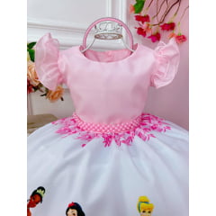 Vestido Infantil Princesas Rosa Luxo Festa Aniversário Tiara