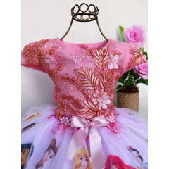 Vestido Infantil Princesas Rosa Renda Dourada Luxo Festas