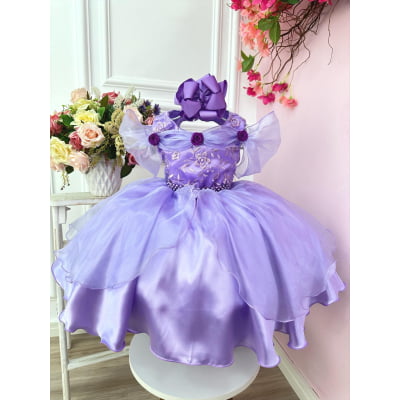 Vestido Infantil Princesas Sofia e Rapunzel Lilás C/ Renda