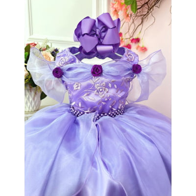 Vestido Infantil Princesas Sofia e Rapunzel Lilás C/ Renda