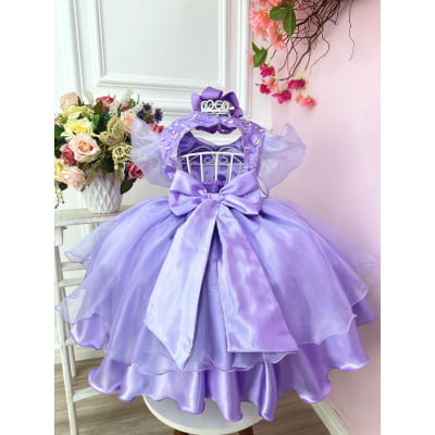 Vestido Infantil Princesas Sofia e Rapunzel Lilás C/ Renda