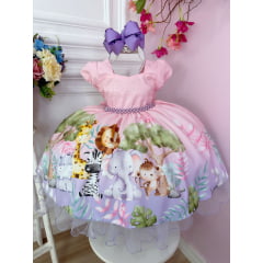 Vestido Infantil Rosa Bosque Safari Busto Strass C/ Pérolas