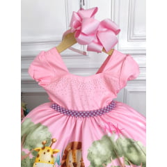 Vestido Infantil Rosa Bosque Safari Busto Strass C/ Pérolas