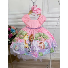 Vestido Infantil Rosa Bosque Safari Busto Strass C/ Pérolas
