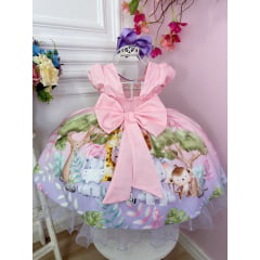 Vestido Infantil Rosa Bosque Safari Busto Strass C/ Pérolas