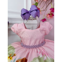 Vestido Infantil Rosa Bosque Safari Busto Strass C/ Pérolas
