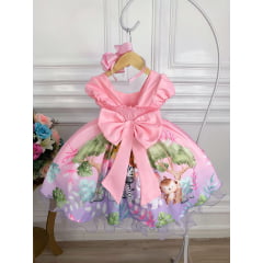Vestido Infantil Rosa Bosque Safari Busto Strass C/ Pérolas
