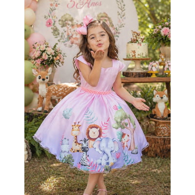 Vestido Infantil Rosa Bosque Safari Busto Strass C/ Pérolas