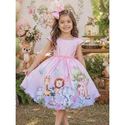 Vestido Infantil Rosa Bosque Safari Busto Strass C/ Pérolas