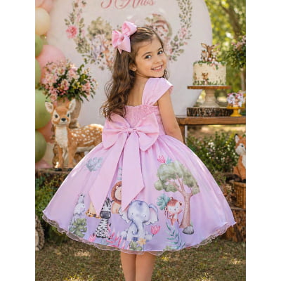 Vestido Infantil Rosa Bosque Safari Busto Strass C/ Pérolas