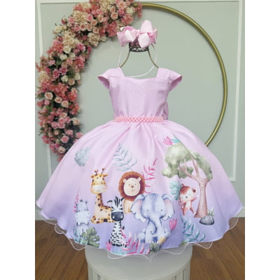 Vestido Infantil Rosa Bosque Safari Busto Strass C/ Pérolas