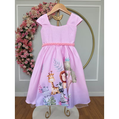Vestido Infantil Rosa Bosque Safari Busto Strass C/ Pérolas