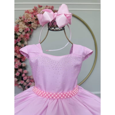 Vestido Infantil Rosa Bosque Safari Busto Strass C/ Pérolas