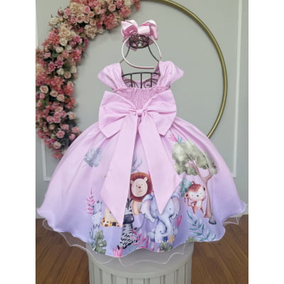 Vestido Infantil Rosa Bosque Safari Busto Strass C/ Pérolas