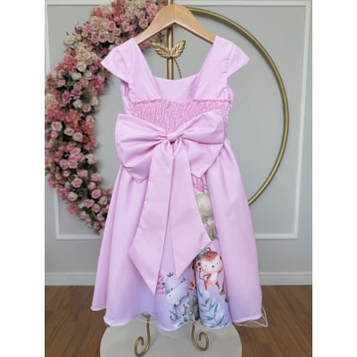 Vestido Infantil Rosa Bosque Safari Busto Strass C/ Pérolas