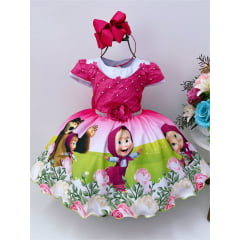 Vestido Infantil Rosa Chiclete Masha e o Urso Strass Luxo