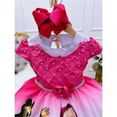 Vestido Infantil Rosa Chiclete Masha e o Urso Strass Luxo