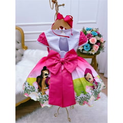 Vestido Infantil Rosa Chiclete Masha e o Urso Strass Luxo