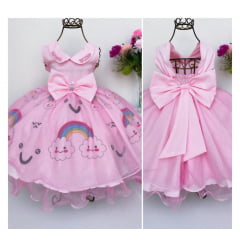 Vestido Infantil Rosa Chuva de Amor e Bençãos Nuvens Luxo