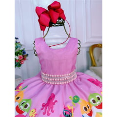 Vestido Infantil Rosa Cinto Pérolas e Strass Luxo