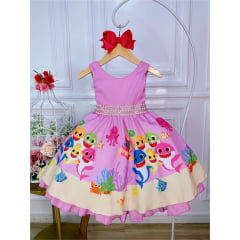 Vestido Infantil Rosa Cinto Pérolas e Strass Luxo