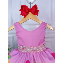 Vestido Infantil Rosa Cinto Pérolas e Strass Luxo