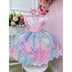 Vestido Infantil Rosa Colorido Escamas Sereia Tay Day Festas