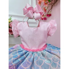 Vestido Infantil Rosa Colorido Escamas Sereia Tay Day Festas