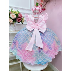 Vestido Infantil Rosa Colorido Escamas Sereia Tay Day Festas