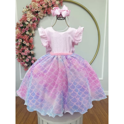 Vestido Infantil Rosa Colorido Escamas Sereia Luxo Festas