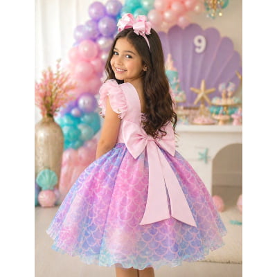Vestido Infantil Rosa Colorido Escamas Sereia Luxo Festas