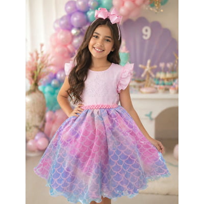 Vestido Infantil Rosa Colorido Escamas Sereia Luxo Festas