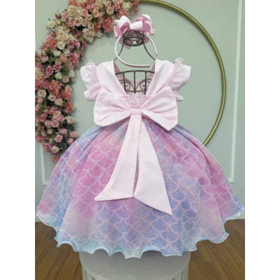 Vestido Infantil Rosa Colorido Escamas Sereia Luxo Festas